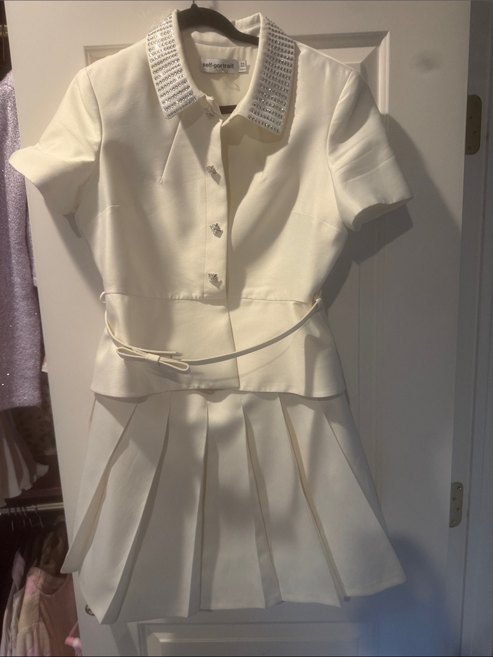 Self-Portrait Ivory Jeweled-Collar Pleated Skirt Dress
